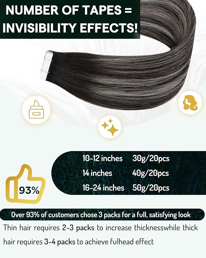 RUANTURE Tape in Hair Extensions Human Hair. Ombre Tape in Extensions, Natural Human Hair Extensions Tape Ins, Black Roots to Silver Hair Extensions, Seamless Glue in Extensions 20 Inch 50g 20pcs