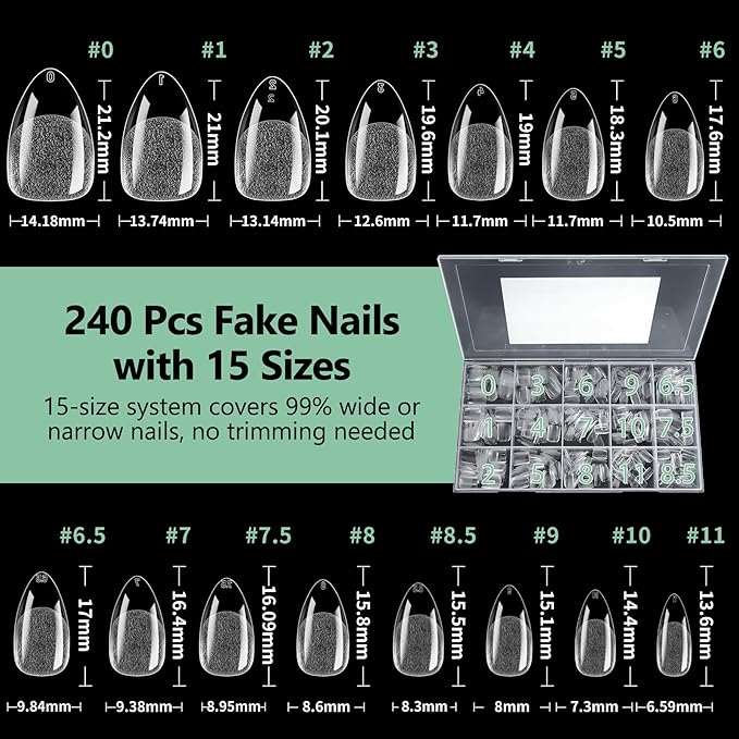 Short Almond Nail Tips, 15 Sizes 240 PCS Clear Acrylic Soft Fake Nails Gel Nail Tips, Full Cover Pre-Shaped Matte Long Lasting Press on Nails Extension for DIY Beginners & Salon Manicure