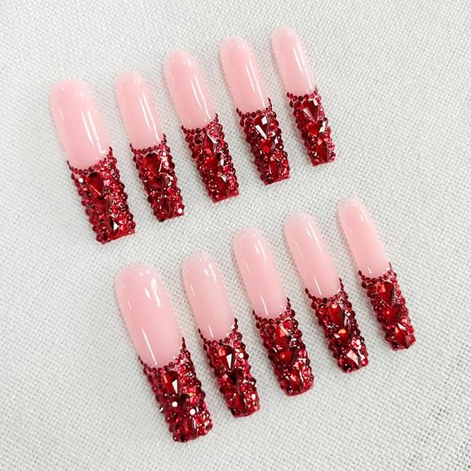 10Pcs Luxury Rhinestone French Tip Fake Nails Handmade Square Press on Nails Extra Long False Nails with Designs Pink Sparkly Full Cover Reusable Acrylic Nails Press ons for Women DIY (Size M)