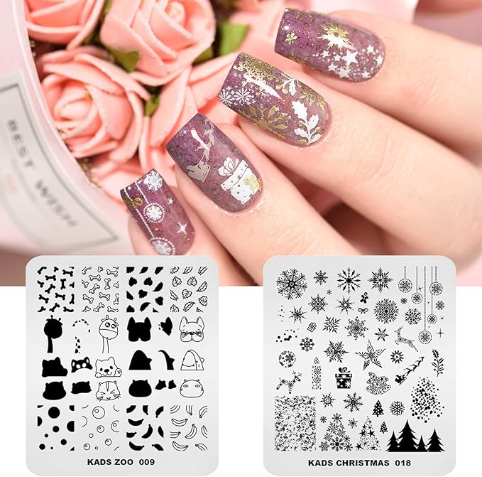KADS 11pcs Nail Stamp Plates Set 10 Plates Christmas Snowflakes Cute Animals+ 1 Laser Symphony Storage Bag Christmas Nails Art Stamping Plate Set Leaves Flowers Animal Nail Plate Template Image Plate