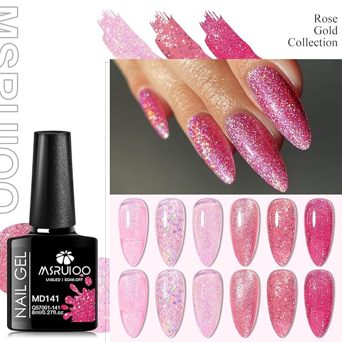 6Pcs Pink Glitter Gel Nail Polish Set Hot Pink Tones Sparkle Gel Polish Bright Pink Nail Polish Gel Suitable for Girls Women Manicure Lovers