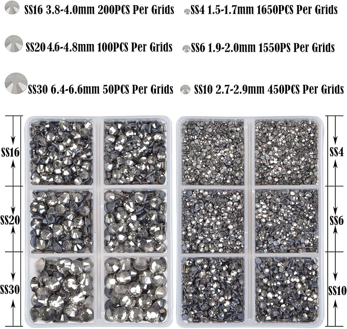 NCB Hotfix Iron on 8000pcs Crystal Rhinestones Round Gem for Crafts Decoration DIY Jewelry Making with a Tweezers and 2 Picking pens (Black Diamond, 6Sizes SS4-SS30)