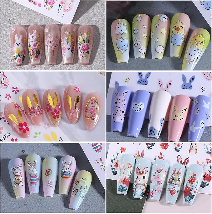 Easter Bunny Nail Art Stickers Decals 12 Sheets 3D Self-Adhesive Cute Rabbit Nail Art Stickers Easter Egg Chick Ears Designs Colorful Flower Daisy Spring Sliders Holiday Manicure Decoration