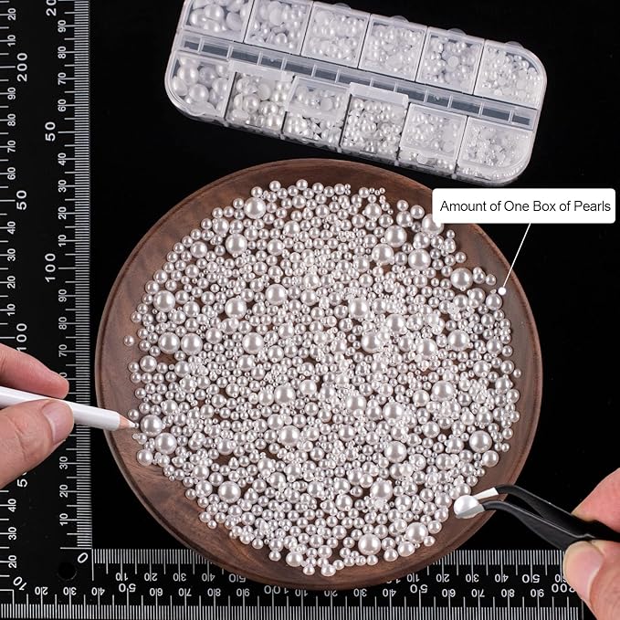 4000PCS Flatback Rhinestones and Half Round Pearls Kit #40, Multi Size Glass AB Crystals, Plastic Flat Back White Dome Bead with Pickup Pencil and Tweezer for Nail Art