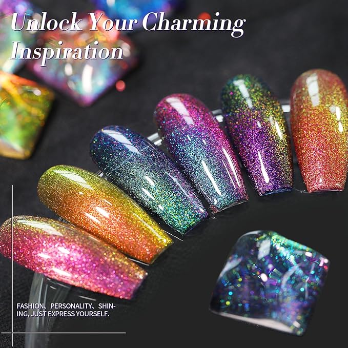Born Pretty Chameleon Gel Nail Polish, 6 Pcs Aurora Shimmer Glitter Gel Polish Long Lasting Sparkly Shiny Nail Polish U V Set for Manicure and Nail Art, DIY at Home, Salon-Quality 7ml