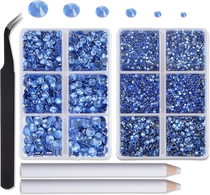 8000pcs Hotfix Rhinestones Flatback,Rhinestones for Crafts Clothes Mixed 6 Sizes, Hotfix Crystals with Wax Pencil Kit, SS4-SS30,Lt. Sapphire
