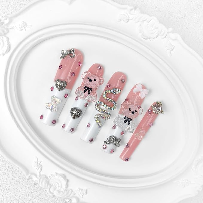 2025 Long Pmma Acrylic Handmade Nail Design Novelty with Rhinestone Bear Love Snake Design Glossy Nail, Reusable Nail Set with Box Gift for Women (White-pink, L)