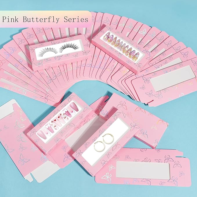 74PCS Press on Nails Packaging Box Set Includes 35PCS Empty Nail Package Box 35PCS White Background Paper 1 Double Sided Tape and 3 Thank You Stickers for Press on Nail Business