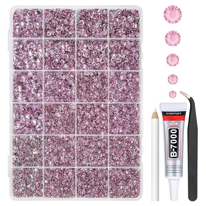 Light Pink Crystal Resin Rhinestones w B7000 Glue for Bedazzling Crafting 2mm-6mm Flatback Stones Diamonds Crystals Gems Bedazzler Kit Charms for Nails Face Eye Makeup Tumblers Bottles Crafts