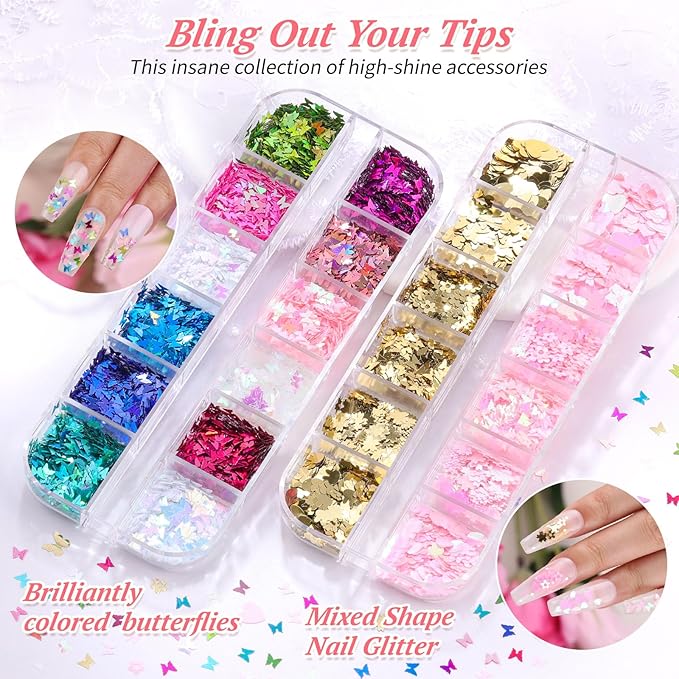 10 Boxes Holographic Nail Glitter Sequins Kit,Mixed Shape Iridescent Laser Butterfly Heart Star Maple Leaf Cherry Blossoms Sakura Petal Nail Art Flakes with Tweezers & Dotting Tools for Nail Craft