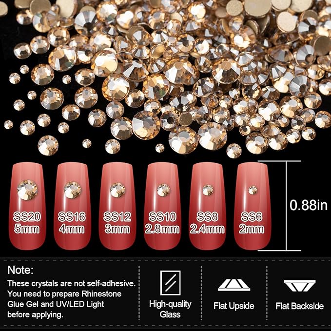 Rhinestones for Nails, Manicure Kit with Rhinestone Glue Gel, Multi Shapes Champagne Glass 3D Nail Charms + Flatback 2-5mm Round Beads & Gem Glue (UV/LED Needed) with Dotting Tools