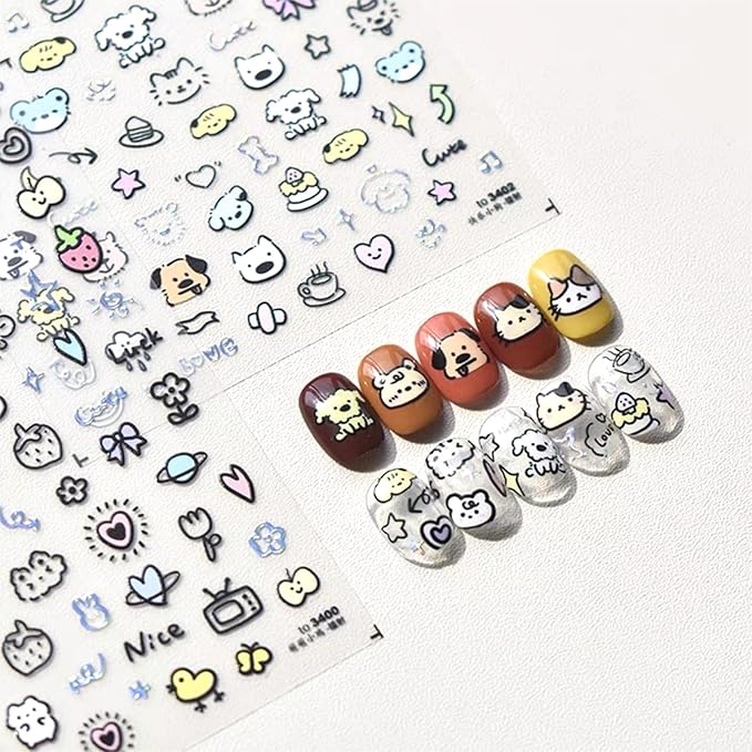Dedyel 5D Embossed Cute Dog Nail Art Stickers Cartoon Kawaii Design Anime Self Adhesive Nail Stickers for Women Kids Girls Nails Art Decorations