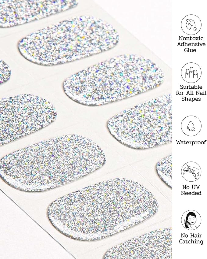Nail Polish Strips (No UV Lamp Needed) - 22 Pcs Salon Quality Gel Nail Stickers - Long Lasting Wraps (Lightning Storm Silver Glitter)