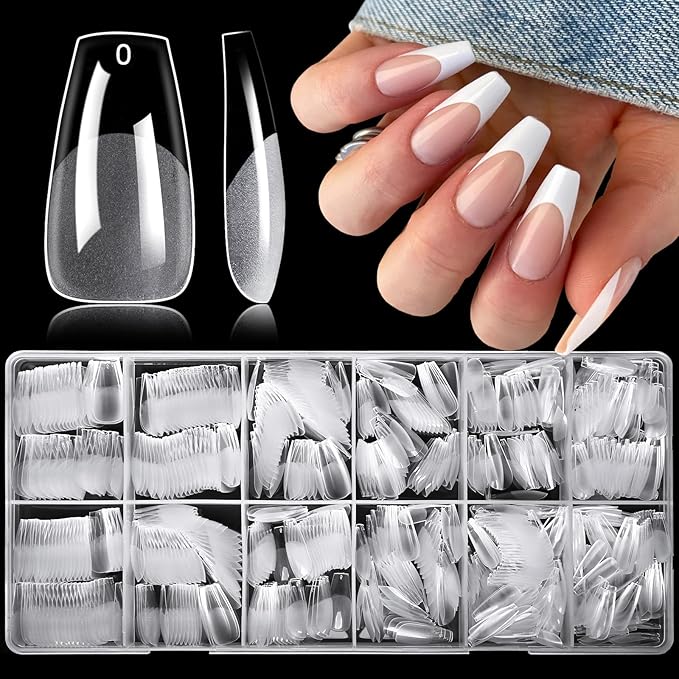 LoveOurHome 750pc Medium Coffin Nail Tips Clear Fake Nails Coffin Gel Nail Tips Full Cover Acrylic Nails Clear Press on Nail Medium False Fingernail for Gel Nail Extension,15 Sizes