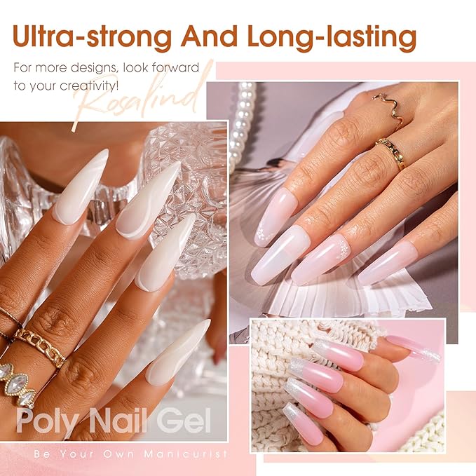 ROSALIND Poly Nail Gel Kit with Drill -14 Colors + 75 Nail Art Accessories Kit Nude Pink Series Poly Gel with Big Uv Light 48W and Electric Nail Drill Poly Nail Gel Starter Kit with Everything Gift