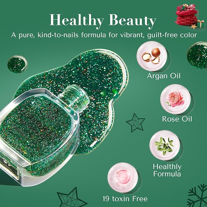 AZUREBEAUTY Green Nail Polish Quick Dry Christmas Glitter Nail Polish Natural Shine Nail Lacquer Salon-Quality for Women Girl Gift Set 1Pcs 0.34 fl oz