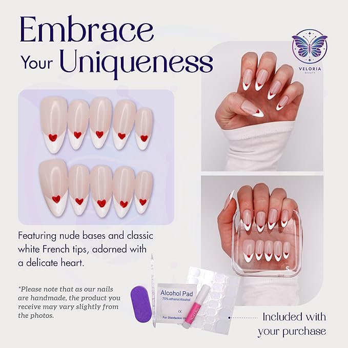 2D Handmade Press On Fake Nails, Long Almond Shaped, French Tips w/Hearts, Acrylic, Gel, Reuseable Kit, For Women Daily Wear, Valentine's Day or Special Occasion (Cupid’s Touch)