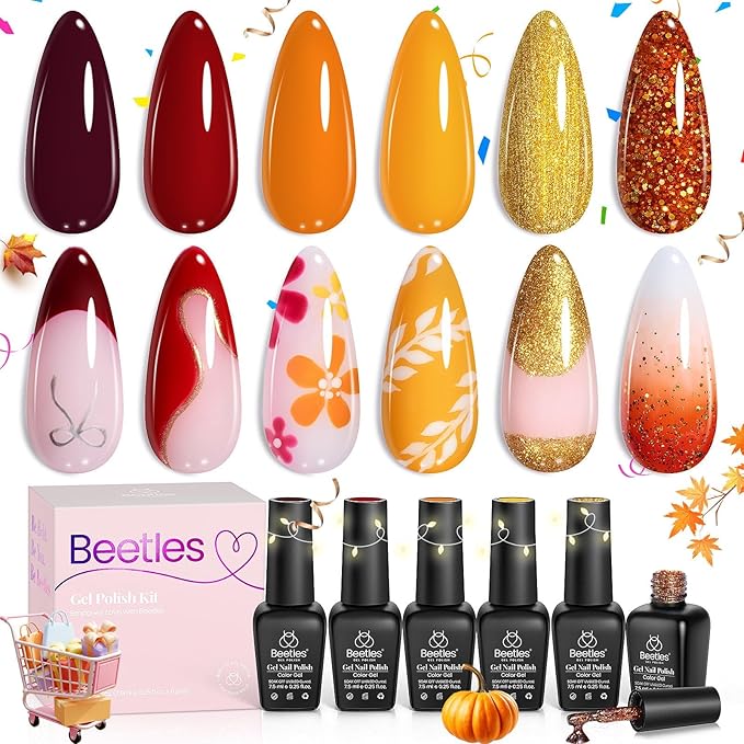 Beetles Gel Nail Polish Set 6 Colors Gel Polish Red Orange Brown Gold Glitter Kit DIY Home Nail Art Manicure Kits UV LED Needed Gifts for Women Golden Blessing