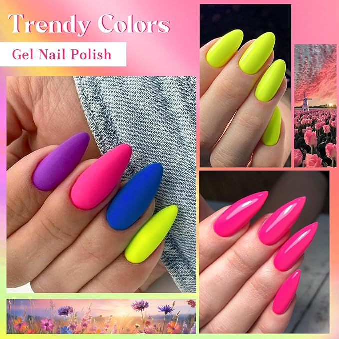 12Pcs Neon Gel Nail Polish Kit Hot Pink Green Purple Blue Gel Polish Kit with Base Top Coat for Nail Art DIY 10 Colors