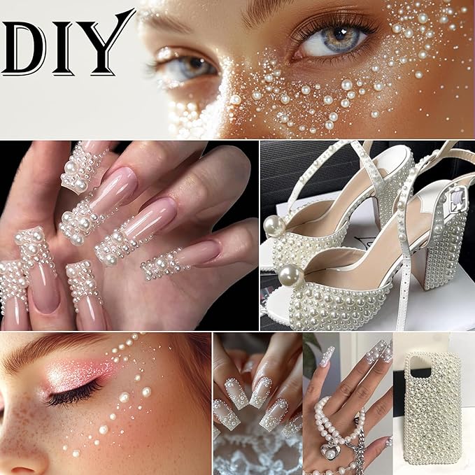 Canvalite Flatback Nail Pearls for Crafting, Multiple Sizes Half Pearls with 5Pcs B7000 Jewelry Glues & Picker Tools Bedazzling Bead for DIY Crafts Clothing Tumblers Shoes Decors Nail Art