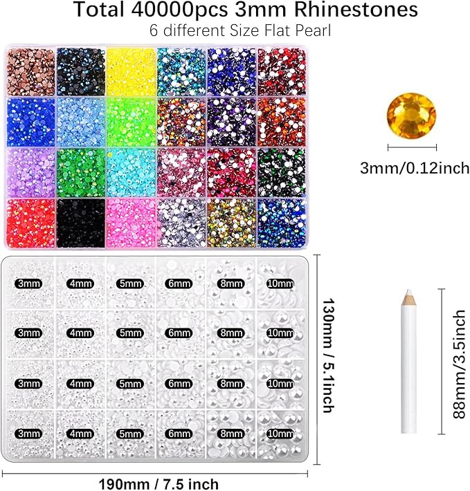 40000Pcs Gems for Crafting,Resin Jelly Rhinestones, 24 Color 3mm Flatback Gems with 24 Grid White Flatback Pearl for Diamond Art DIY Crafts Clothing Shoes Nail Art Decoration ZS004