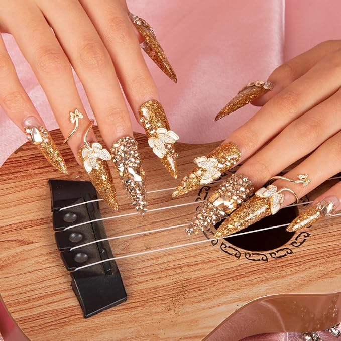 LOVFUL Press on Nails I can Fly French Tip | Handmade with Full Covered Crystals | Reusable Fake Nails | Stiletto Mid Length 1.7 in | H45-S