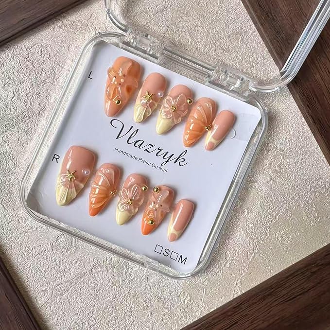 Handmade Press On Nails, Medium Almond Fake Nails with 3D Flowers & Metal Charms, Reusable Full Cover Acrylic Nails,Luxury Orange-Yellow Gradient French Tips for Women.(10PCS)