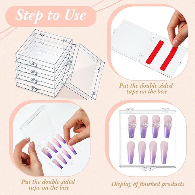 Landhoow 30 Pcs Press on Nail Storage Box with 60 Pcs Adhesive Double Sided Tape Acrylic Artificial False Nail Packaging Display Case Organizer for Art Home Business Salon Supplies(Clear)