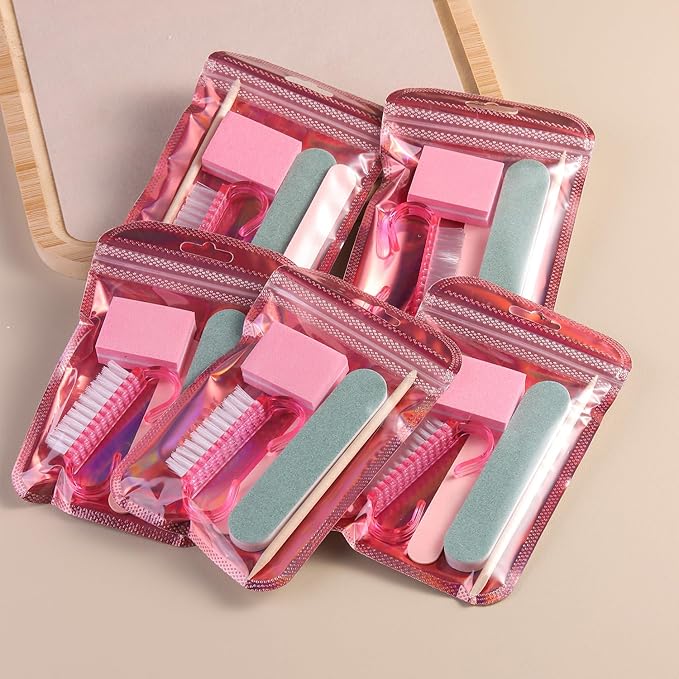 Disposable Manicure Kit Basics 5PCS Nail Kit, Mini Nail Files Buffers Bulk Handle Grip Brush Orange Wood Stick Individually-Packed Pedicure Set for Fingernails Toenails Salon Supplies 10 Packs