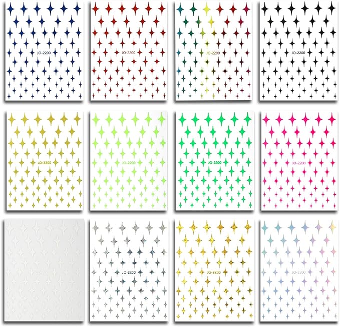 12 Colors Stars Nail Art Stickers, 3D Stars Self-Adhesive Sticker Design, Laser Gold Silver Red Black White Pink Yellow Green Four-Pointed Star Nail Transfer Decals for Women Manicure Decorations