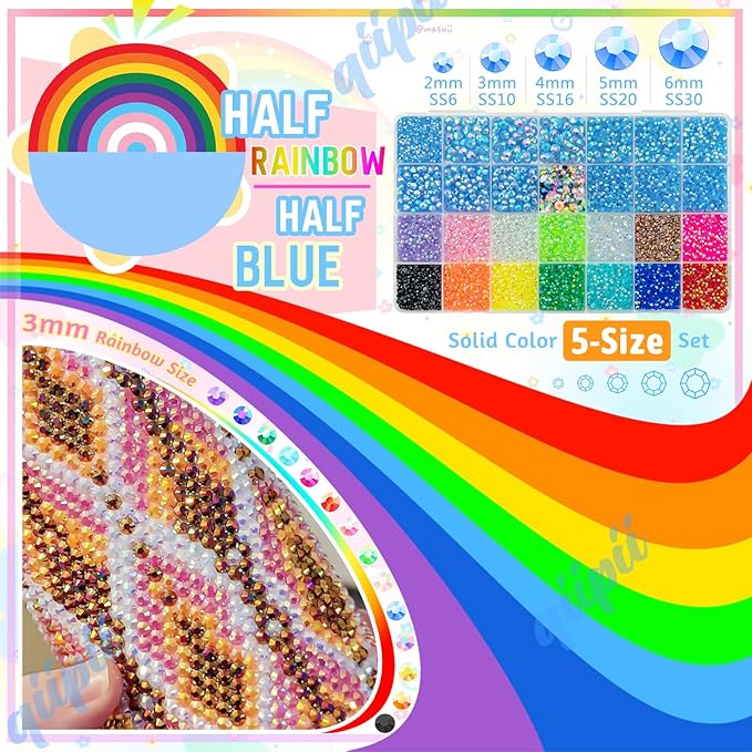 Light Blue AB Resin Rhinestones w B7000 Glue for Crafting Bedazzling 2mm-6mm Flatback Colorful Jelly Stones Diamonds Gems Bedazzler Kit for Nails Face Eyes Makeup Tumblers Bottles Crafts Shoes