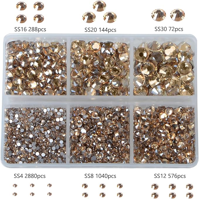 Bymitel 5000 Pieces 6 Mixed Sizes Glue Fix on Glass Rhinestones Round Crystal Gems Flatback for DIY Jewelry Making with one Picking Pen(6-Sizes 5000PCS, Lt. Peach)