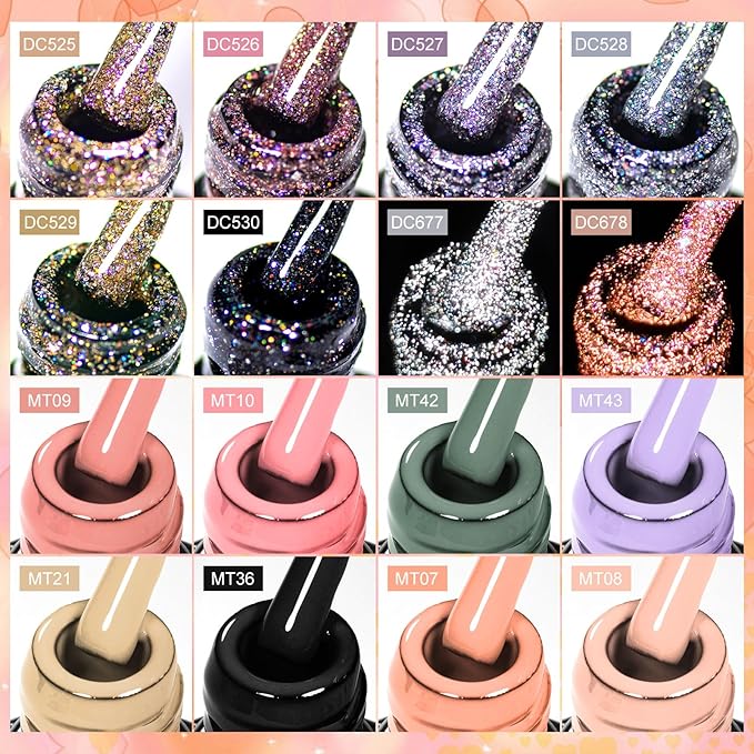 MTSSII Pink Purple Khaki Black Gel Nail Polish 18 Pcs Pink Purple Silver Yellow Black Glitter Gel Nail Polish with Base Gel Set Glitter Polish Kit for DIY Nail Art Women Gifts