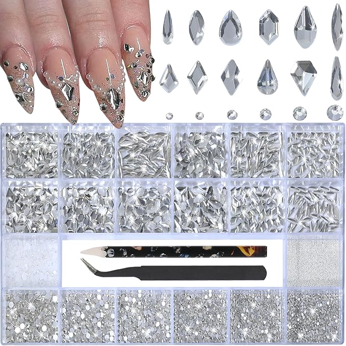 Nail Charms and Gems - 5000 Pcs, 20 Types, 20 Sizes, with Kit, Nail Rhinestones, Faux Pearls, Beads, for Nail Art (Clear)
