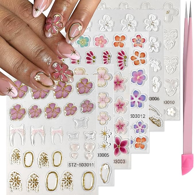 Flower Nail Art Stickers 5D Embossed Nail Decals Spring Summer Colorful Flower Nails Design Self-Adhesive 3D Accessories for Women Nails DIY Decoration(6 Sheets)