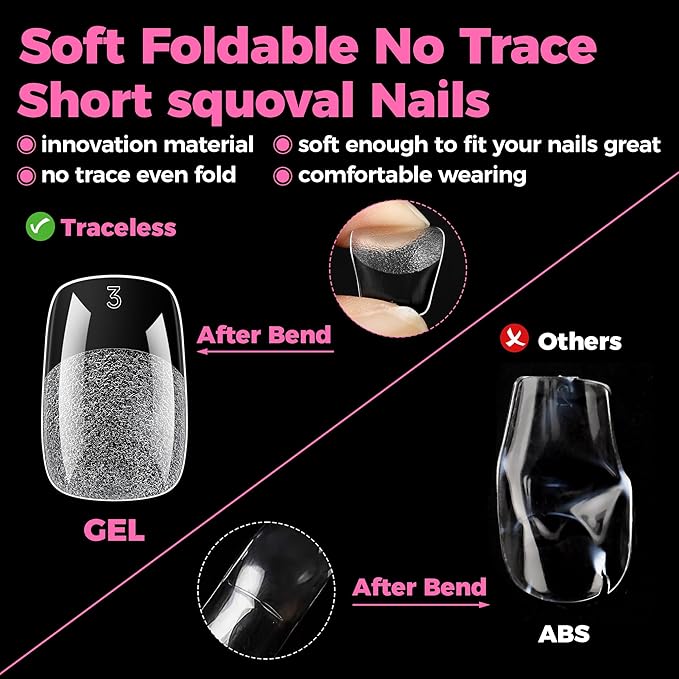 UNA GELLA Gel Nail Tips Square & Squoval Short, 504pcs Short Round Square Press on Nails Pre Etched Squoval Soft Gel Fake Nails Full Cover For Nail Extension Home DIY Salon 12 Sizes