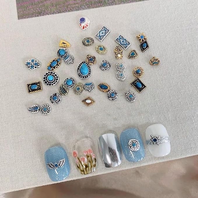 Retro Turquoise Totem Flower 3D Alloy Nail Art Mix Color Nail Charms, DIY Nail Art Decorations 50pcs