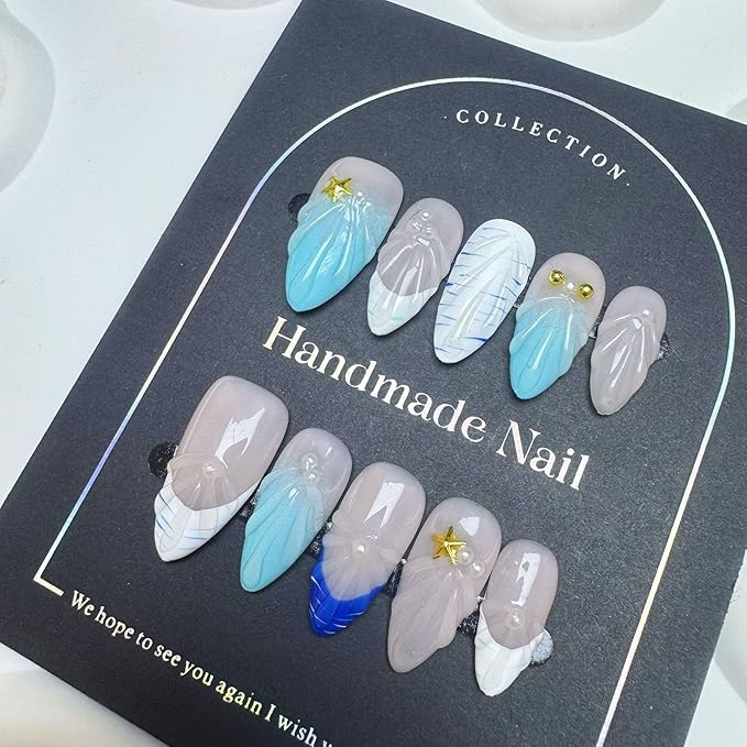 100% Handmade Press on Nails Summer Medium Almond Fake Nails Acrylic Handmade Nails Press Ons Ocean Seashell Waterdrop False Nails for Women Girls Manicure Size M