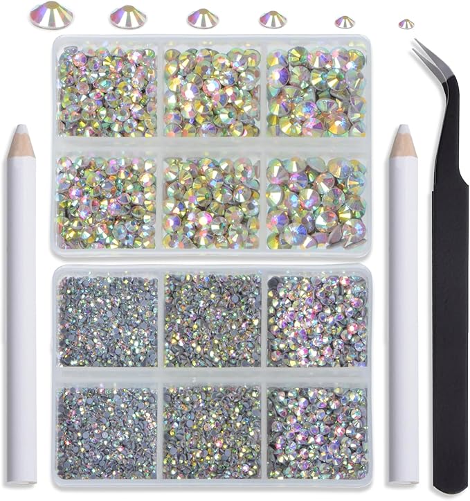 NCB Hotfix Iron on 8000pcs Crystal Rhinestones Round Gem for Crafts Decoration DIY Jewelry Making with a Tweezers and 2 Picking pens (Crystal AB, 6Sizes SS4-SS30)