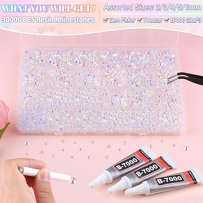 30000Pcs Resin Transparent AB Rhinestones for Bedazzling Crafting with b7000 Jewelry Glue, Bulk Flatback Gems Bedazzler Kit for Crafts Clothes Shoes Fabric Nail Diamond Art, Assorted Size 2/3/4/5/6mm