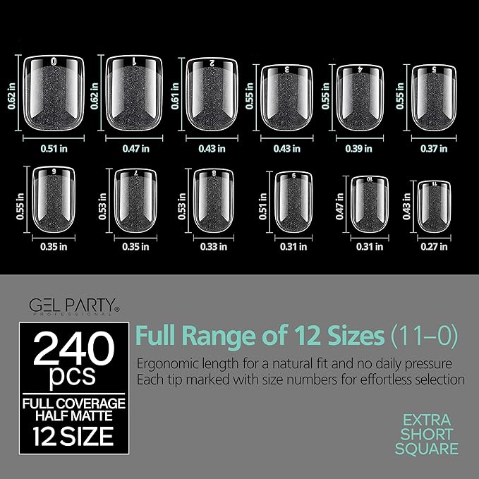 GELPARTY Soft Gel Nail Tips Extra Short Square (XS) - 240Pcs Pre-Buffed Matte Full Cover Tips - Active Length, No Filing Needed, Soak Off Gel Extension System - Clear False Nails (12 Sizes)