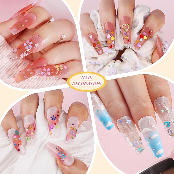 10 Boxes Holographic Nail Glitter Sequins Kit,Mixed Shape Iridescent Laser Butterfly Heart Star Maple Leaf Cherry Blossoms Sakura Petal Nail Art Flakes with Tweezers & Dotting Tools for Nail Craft