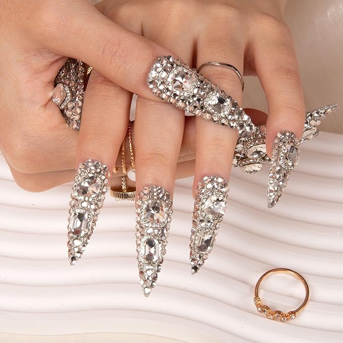 LOVFUL Press on Nails Silver Majesty | Handmade with Full Covered Crystals | Reusable Full Cover Nails | Stiletto Mid Length 1.7 in | H212-L