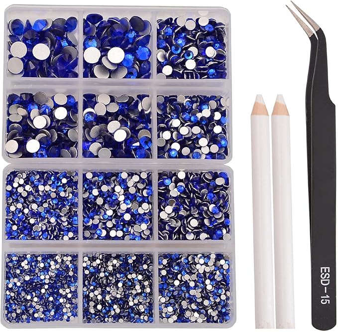 NCB 8000pcs Non Hotfix Rhinestones 10 Sizes Flatback Crystal Glass Rhinestones with Tweezers and Picking Pen for Nail Art Clothes Bags Phone Decorations Crafts DIY (006 Sapphire Mix SS3-SS30)
