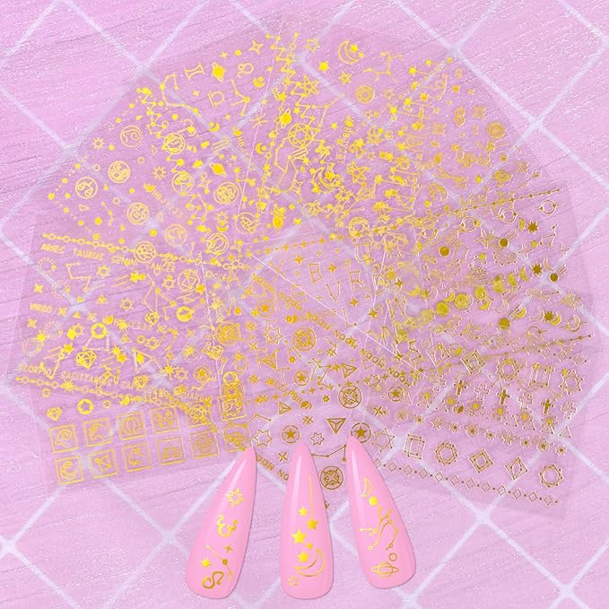 KISSBUTY 24 Pcs Universe Nail Art Sticker - Gold Flowers, Stars, Moon Constellation Decals