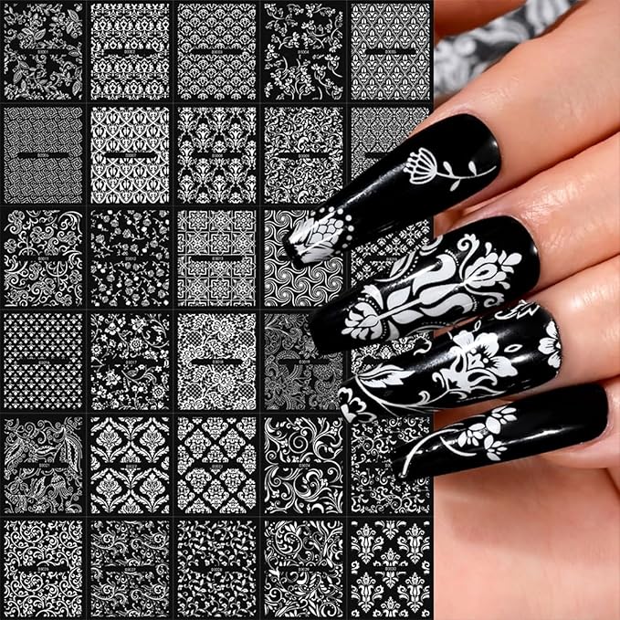 30 Sheets White Art Stickers Decals 3D Self-Adhesive LaceNail Decals Retro Flower Designs Nail Supplies Summer Nail Decoration DIY Nails Accessories for Women