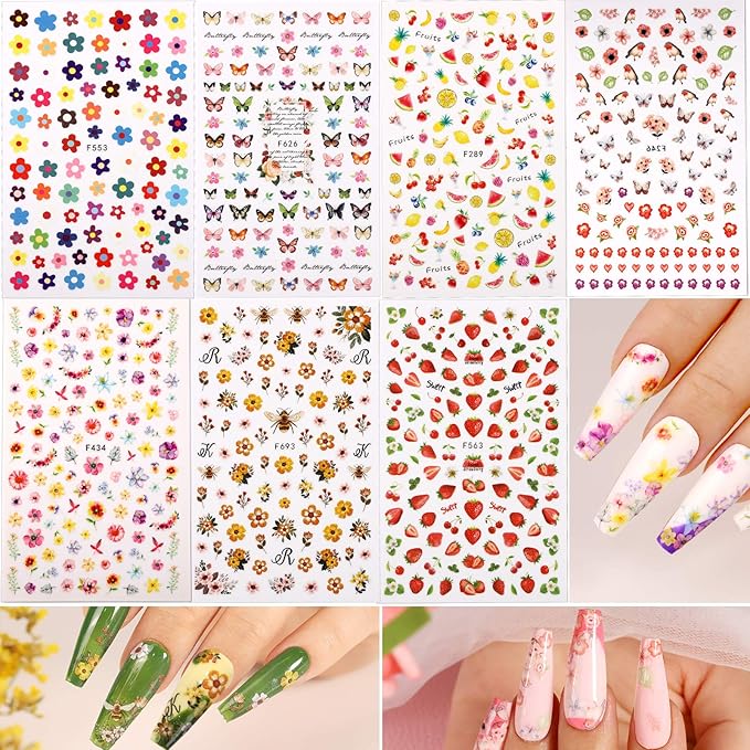 Teenitor 12 Sheets Nail Art Sticker 3D Self-Adhesive, Nail Art Decoration with 5 Boxes Holographic Glitter Flakes Butterfly Heart Star Maple Leaf Nail Sequins and Flower Slices