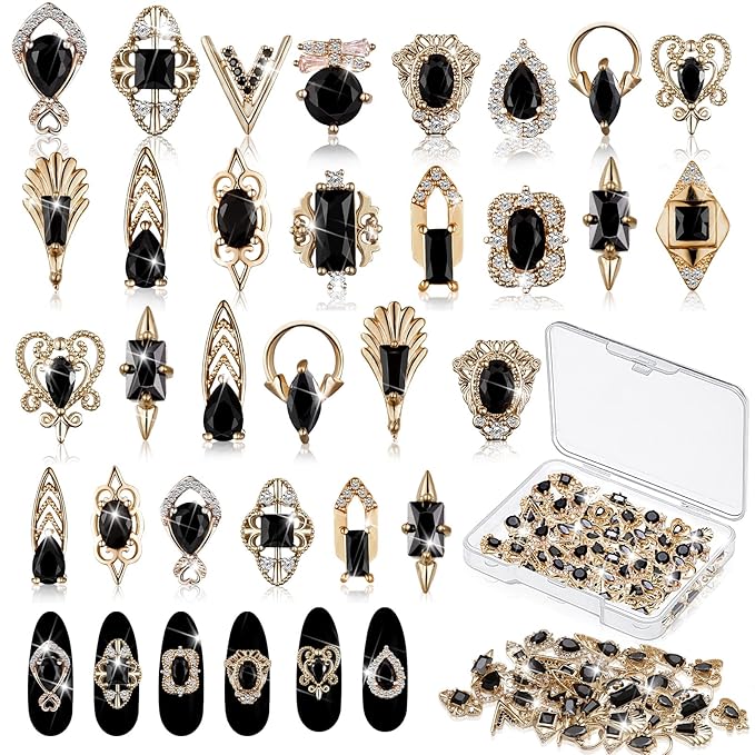 Leelosp 24 Pieces 3D Nail Charms Gold Luxury Black Rhinestones Nail Charms for Acrylic Nails Black Zircon Jewels Crystals Rhinestones with Storage Box for DIY Craft Art