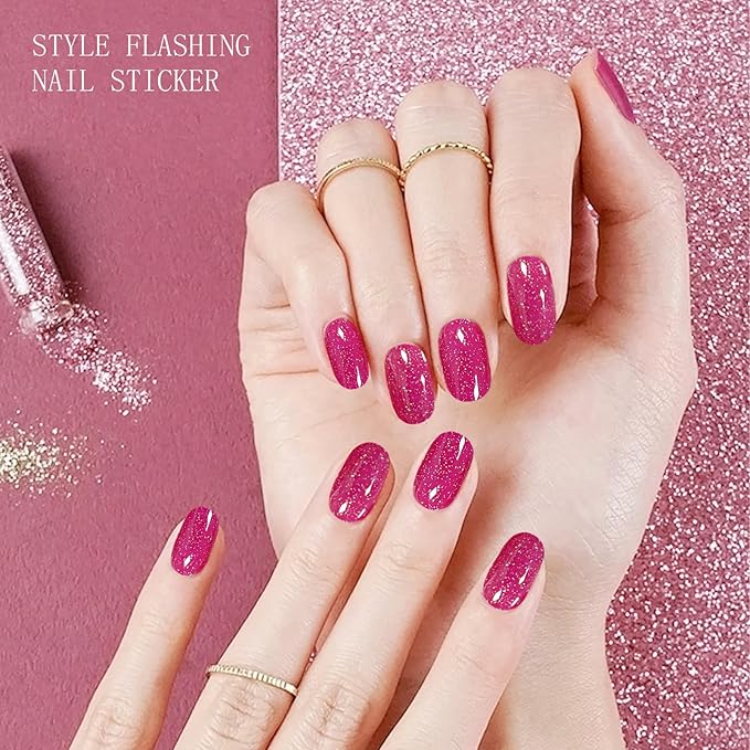 JMEOWIO Gel Nail Stickers Glitter Pink Semi Cured Gel Nail Strips Wraps UV/LED Nails Art Design Decoration Accessories