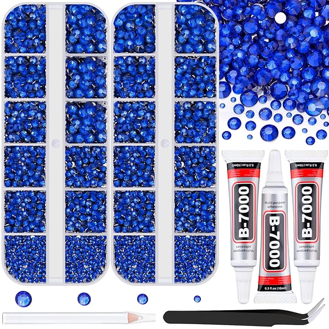 12100Pcs Resin Rhinestones for Crafting with 3Pcs 10ml B7000 Jewelry Glue, 2 Boxes Flatback Crystals Diomand (Royal Blue) for Bedazzling Crafts DIY Nail Art Makeup，Non Hotfix Gems for Clothing Shoes